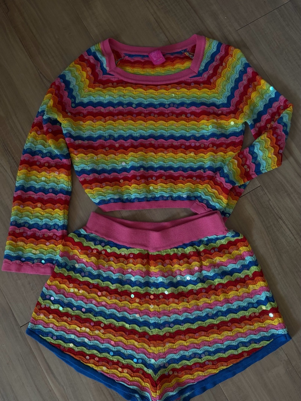 QUEEN OF SPARKLES Rainbow Striped Sequin Crochet Top & Shorts Set